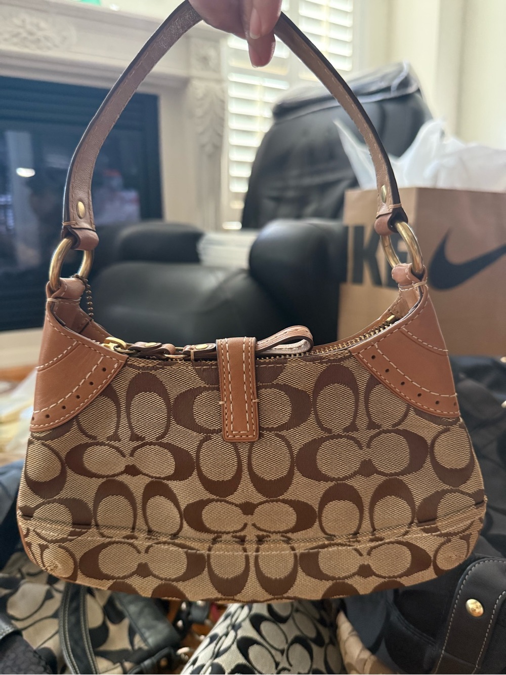 Coach Brown Signature Canvas Shoulder Bag with Tan Leather Trim - Picture 2 of 4